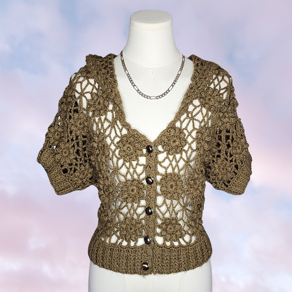 Handmade Sweaters - Handmade Brown Button Up Knitted Short Sleeve Sheer Coquette Mori Kei Sweater